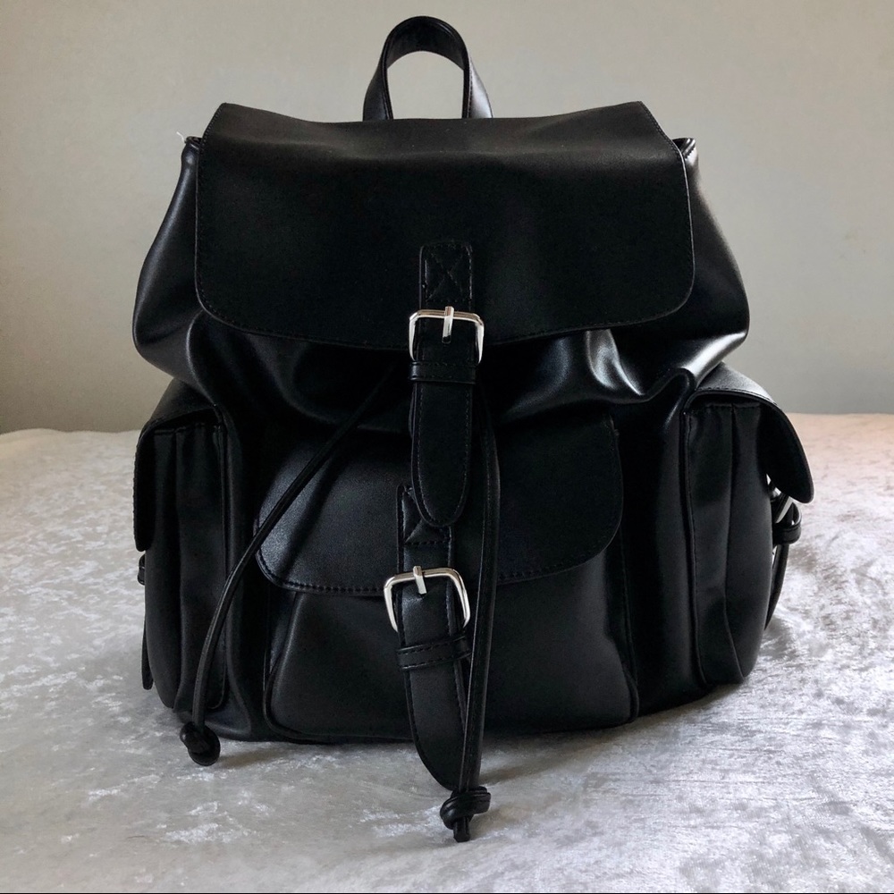 Black Cinch-Top Faux Leather Backpack